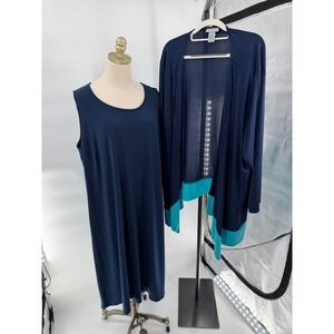 Catherines Womens 4X 30/32W Navy Blue Turquoise Colorblock Dress & Cardigan Set